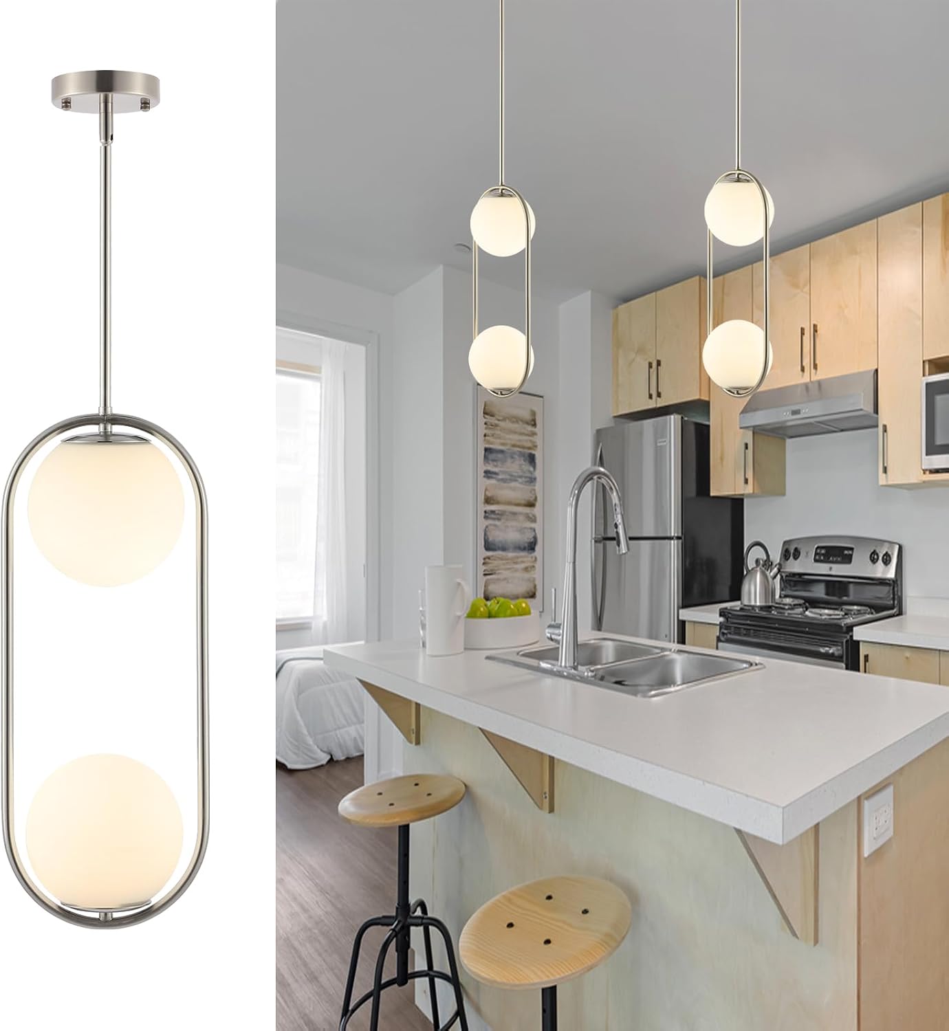 BYOLIIMA Modern Globe Pendant Light 2-Lights Brushed Nickel Chandelier Mid Century Ceiling Hanging Lighting Fixture White Globe Glass Shades for Kitchen Island Dining Room Bedroom
