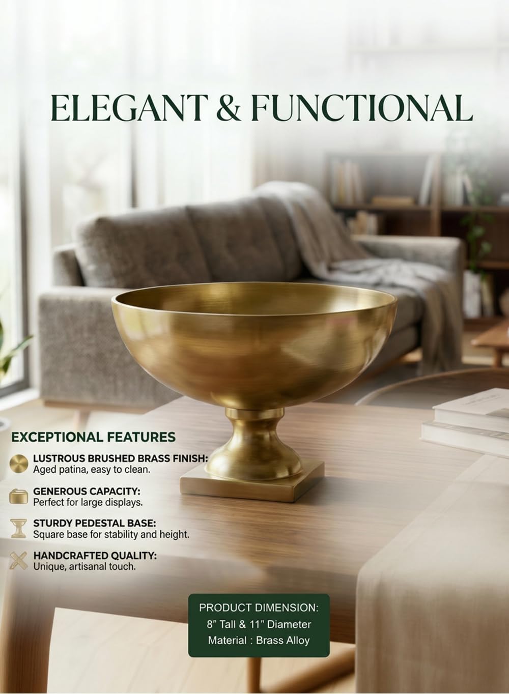 Serene Spaces Living Antique Brass Pedestal Bowl, Vintage Wedding Centerpiece, Fruit, Treats Holder, Flower Vase for Dining Table, Entry Way, Console Table, Holiday Decor (Extra Large - Pack of 2)