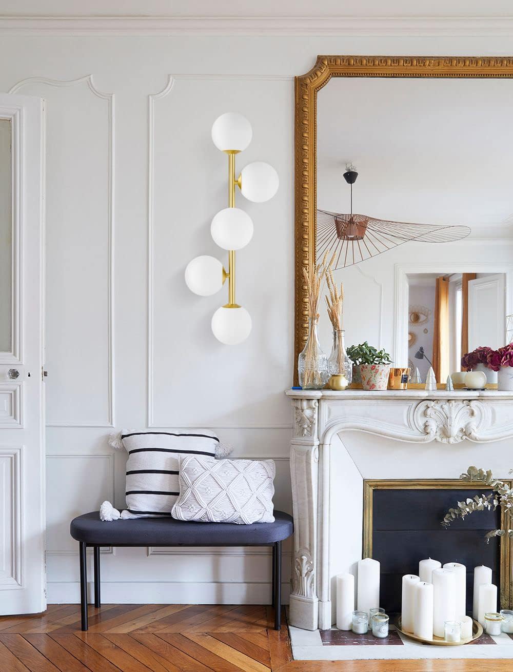 Bathroom Vanity Lights, 5-Light Bathroom Light Fixtures, Mid Century Modern Gold Bathroom Light Ceiling Light, Dimmable LED Wall Sconces Semi-Flush Mount Light Fixture with Milk Glass, Gold Brushed