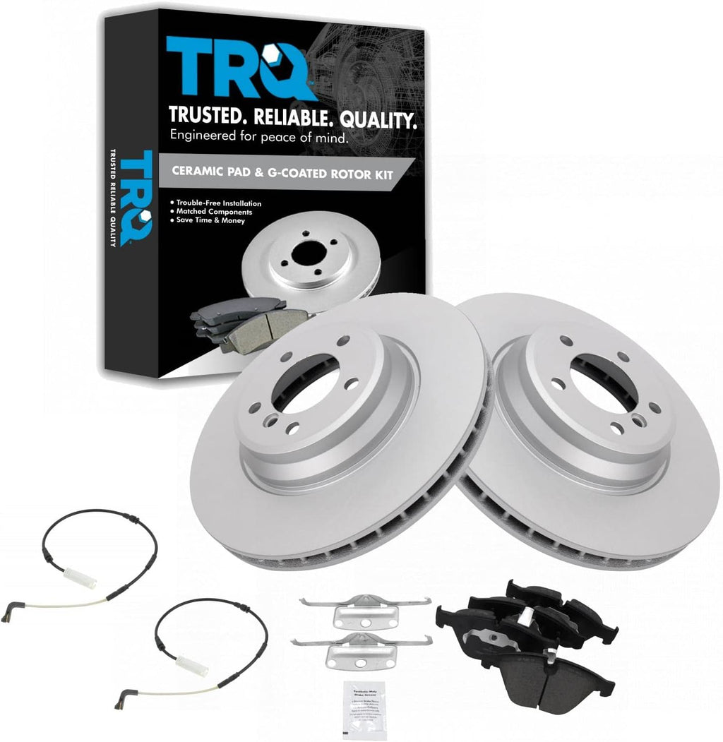 TRQ Front Brake Pad and Rotor Set Ceramic G Coated Vented Rotors Wear Sensor Compatible with 2007-2010 BMW 335i 2009-2010 335d 2010-2013 335i xDrive
