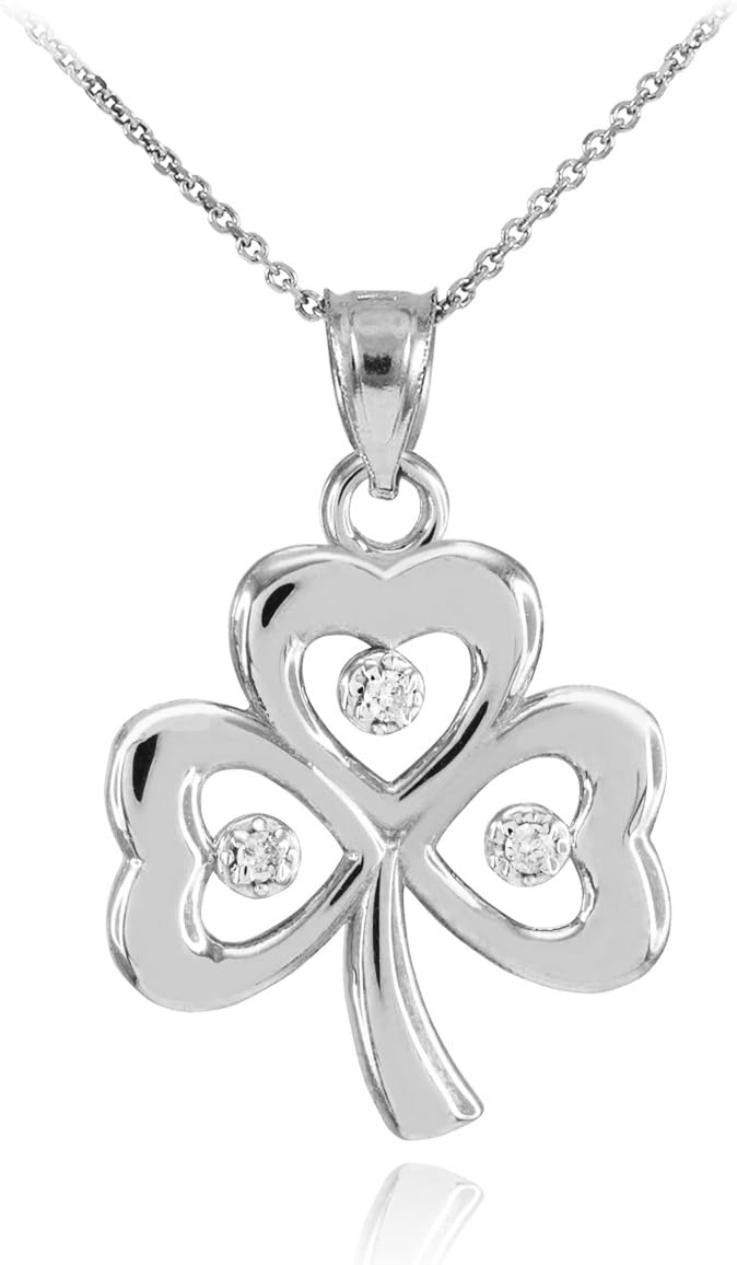 Dainty 10k White Gold Shamrock Charm Three Diamond Clover Leaf Pendant Necklace