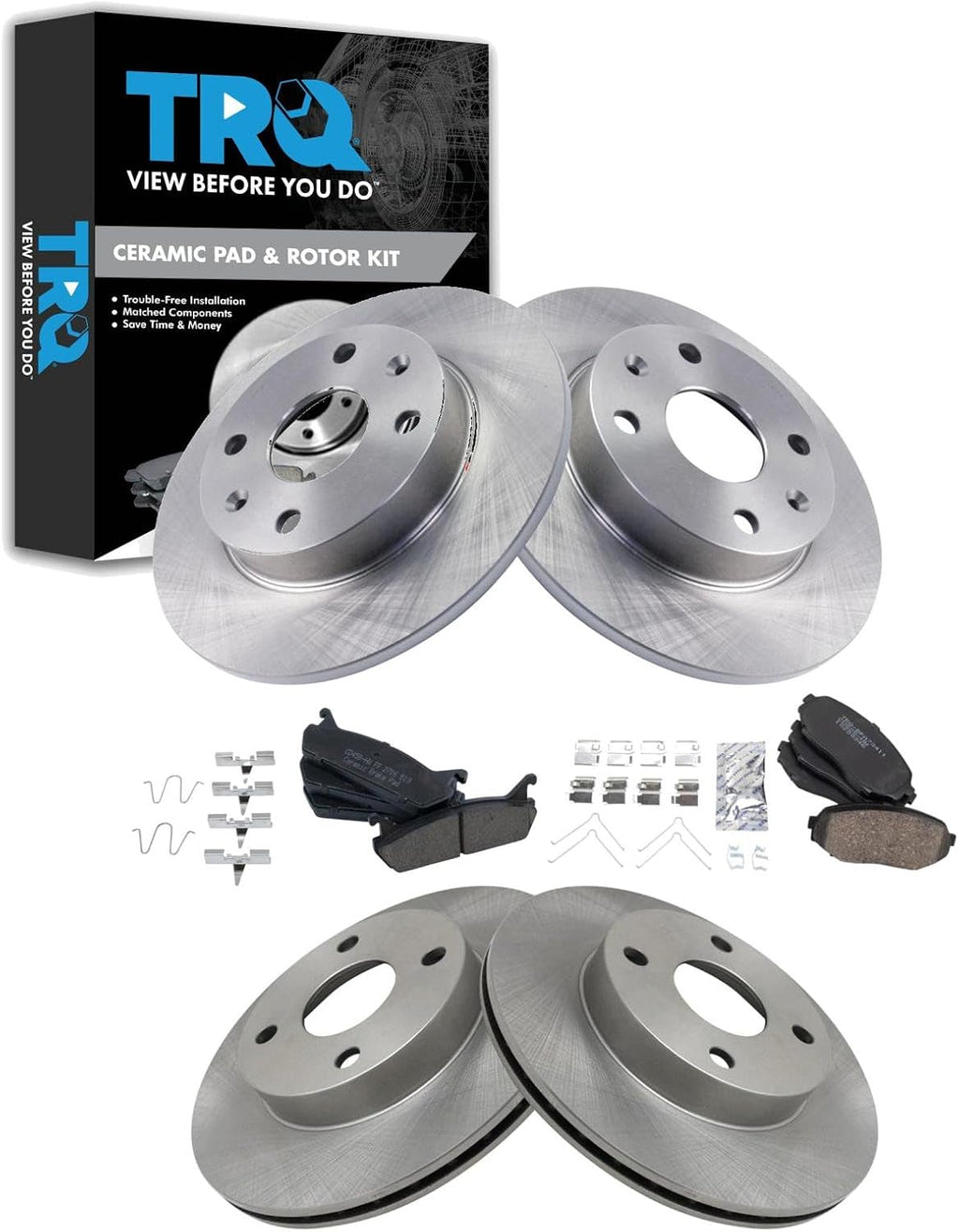 TRQ Front and Rear Brake Pad and Rotor Set Ceramic Vented Solid Rotors Compatible with 1990-1993 Mazda Miata