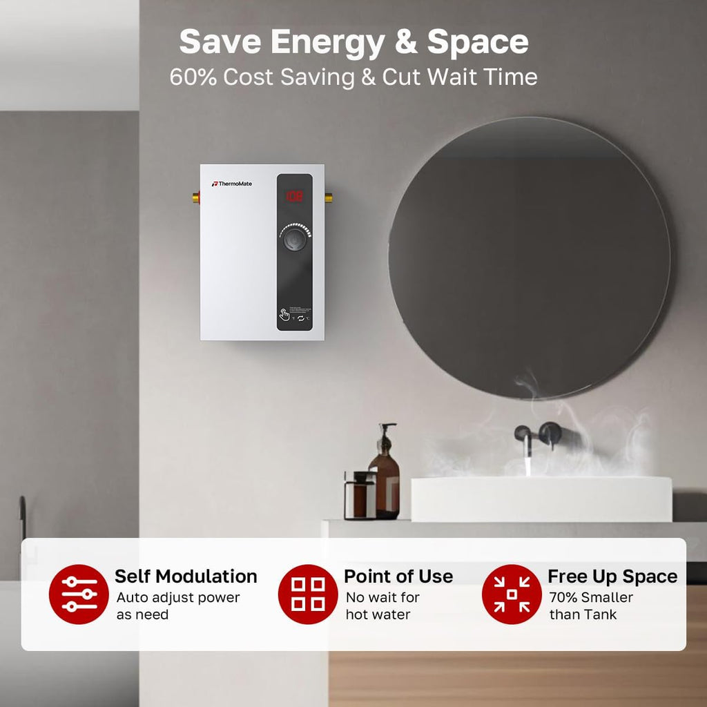 Tankless Water Heater Electric, ThermoMate 8kW at 240 Volt, On Demand Instant Hot Water Heater for Point of Use, Self-Modulating Save Energy, Save Space, 1.56GPM at 35°F Rise