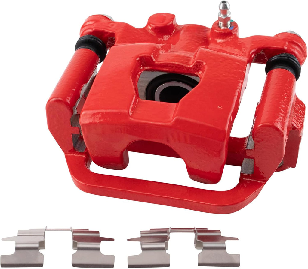 TRQ Performance Rear Brake Pad and Rotor Set Ceramic Coated Drilled Slotted Vented Rotors Calipers Red Compatible with 2002-2006 Nissan Altima 2004-2006 Maxima 2013-2022 Altima