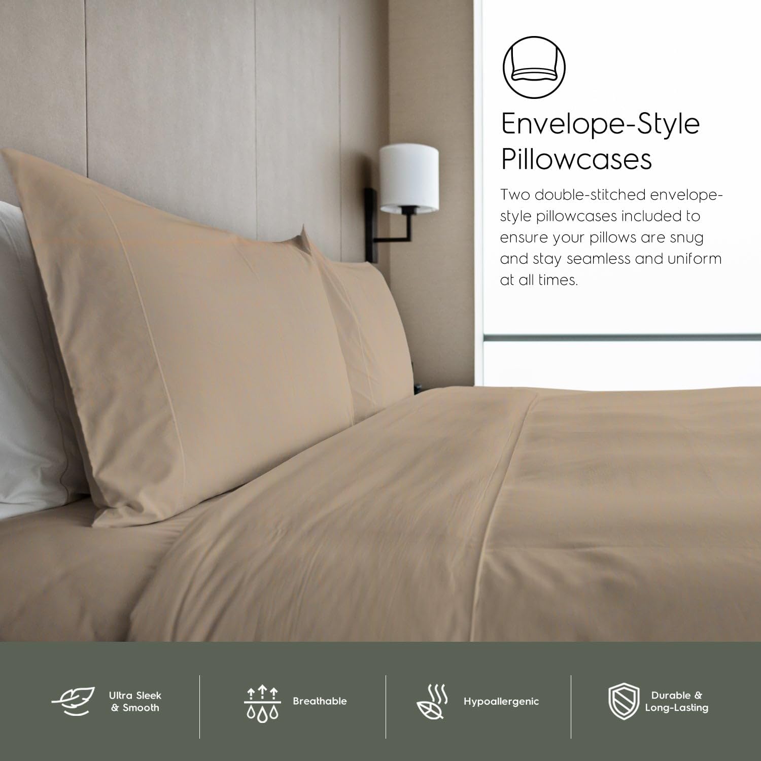 Tafts Cali-King Sheets Set, Pure 100% Viscose derived from Bamboo Bed Sheets Set, Luxuriously Soft, Silky, Cooling Sheets, Double Stitched, Lifetime Quality Promise (Beige)