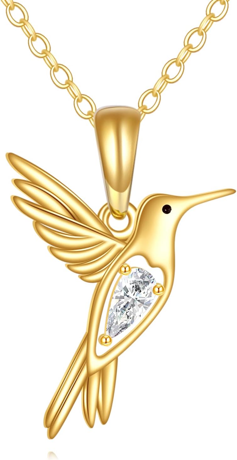 DOVRAN Real Solid Gold Birthstone Butterfly/Dragonfly/Bee/Hummingbird Necklace for Women Yellow Gold Animal Pendant for Christmas Dainty Jewelry Birthday Gifts for Mom Wife