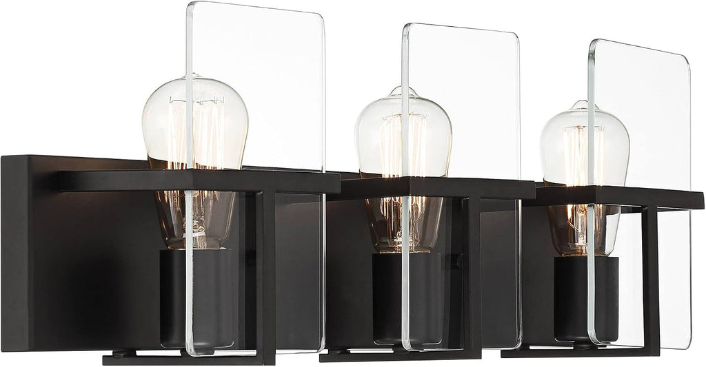 Possini Euro Design Trezza Modern Industrial Wall Mount Light Matte Black Hardwired 24' 3-Light Fixture Clear Glass Flat Panels for Bathroom Vanity Mirror House Home Living Room Hallway Decor