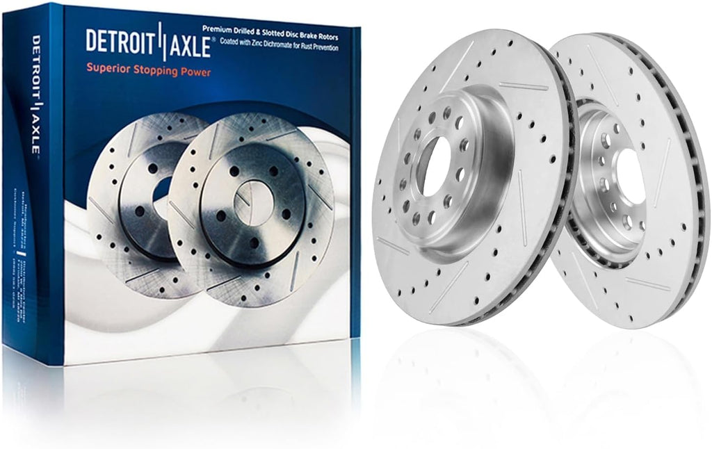 Detroit Axle - Rear Brake Kit for 2019-2025 Ram 1500 Drilled and Slotted Disc Brake Rotors 2020 2021 2022 2023 2024 Ceramic Brakes Pads with Hardware Replacement : 14.76' inch Rotor