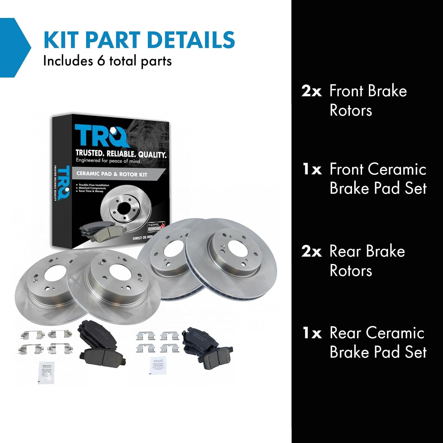 TRQ Front and Rear Ceramic Brake Pad and Rotor Set Compatible with 13-17 Honda Accord EX, 13-17 EX-L, 13-15 Sport, 13-15 Touring, 14-15 Hybrid, 14-15