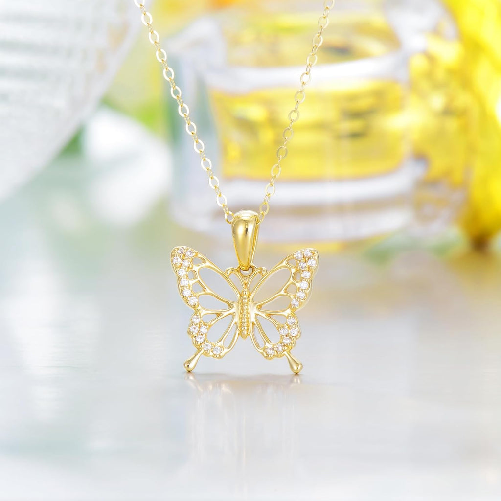 DOVRAN Real Solid Gold Birthstone Butterfly/Dragonfly/Bee/Hummingbird Necklace for Women Yellow Gold Animal Pendant for Christmas Dainty Jewelry Birthday Gifts for Mom Wife