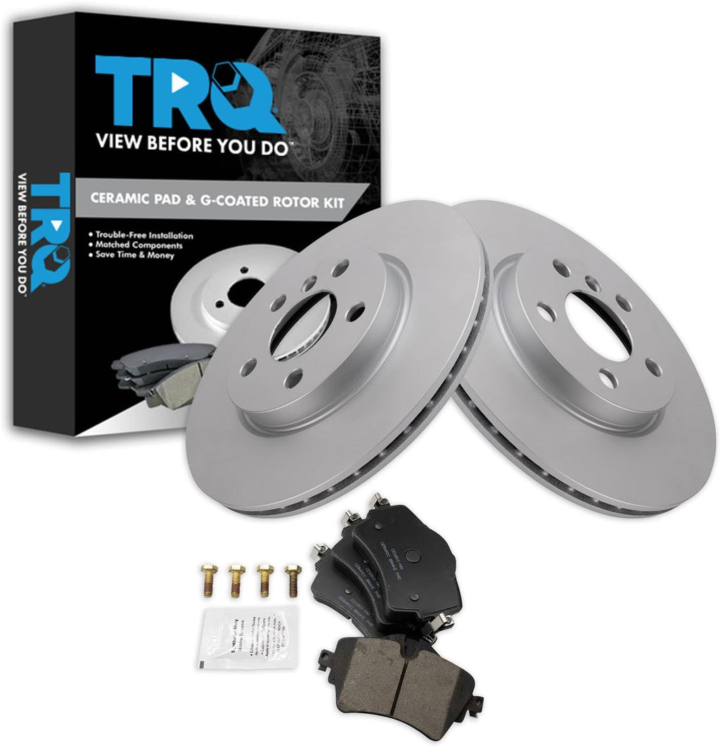 TRQ Front Brake Pad and Rotor Set Ceramic G Coated Vented Rotors Compatible with 2014-2019 Mini Cooper 2016-2018 Cooper Clubman