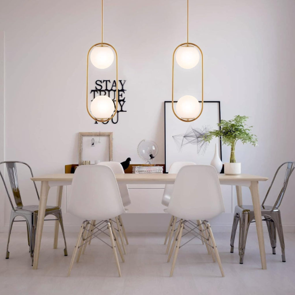 BYOLIIMA Modern Gold Globe Chandelier 2-Lights Mid Century Pendant Light Brushed Brass Ceiling Hanging Lighting Fixture with White Globe Glass Lampshade for Kitchen Island Dining Room Bedroom