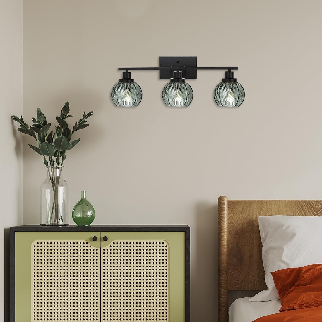 3-Light Bathroom Light Fixture Green Wall Lights with Ribbed Glass Shade Black Vanity Light Over Mirror Mid Century Wall Sconce for Bedside Bedroom Living Room