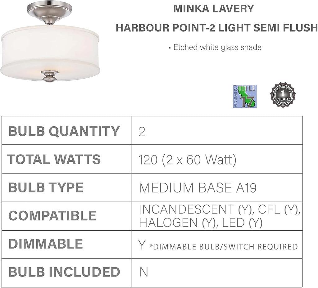 Minka Lavery 4172-84 Harbour Point Semi-Flush, 2-Light, 120 Total Watts, 13.5-in H x 10.75-in W, Brushed Nickel