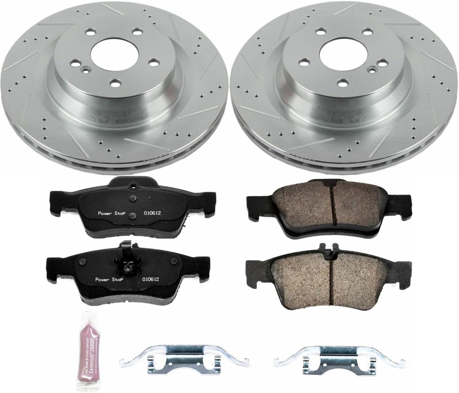 PowerStop Rear Brake Kit for Mercedes-Benz CLS550 2012-18 | Mercedes-Benz E550 2010-14 - Drilled and Slotted Disc Rotors with Carbon-Fiber Ceramic Brake Pads Replacement, K6881