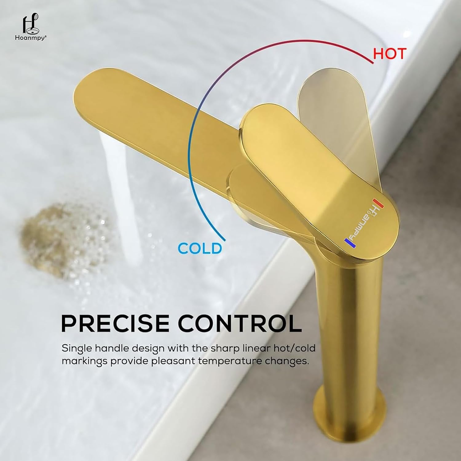 12 Inch Tall Vessel Sink Faucets - Hoanmpy Bathroom Faucet,Modern 22° Angle Outflow Nozzle Handle One Hole Bathroom Vanity Faucets - Brass Lavatory Faucets Brushed Gold