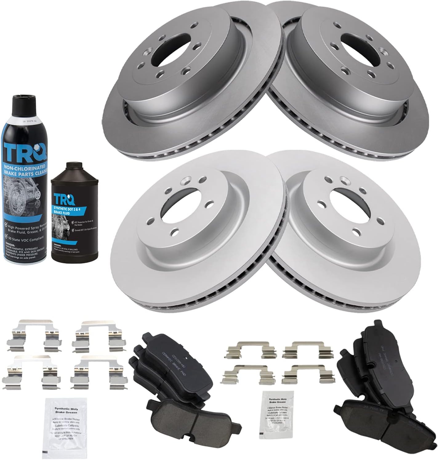 TRQ Front and Rear Brake Pad & Rotor Kit, with Chemical Kit Ceramic Premium G-Coated Compatible with 2005-2009 Land Rover LR3 2006-2009 Range Rover Sport
