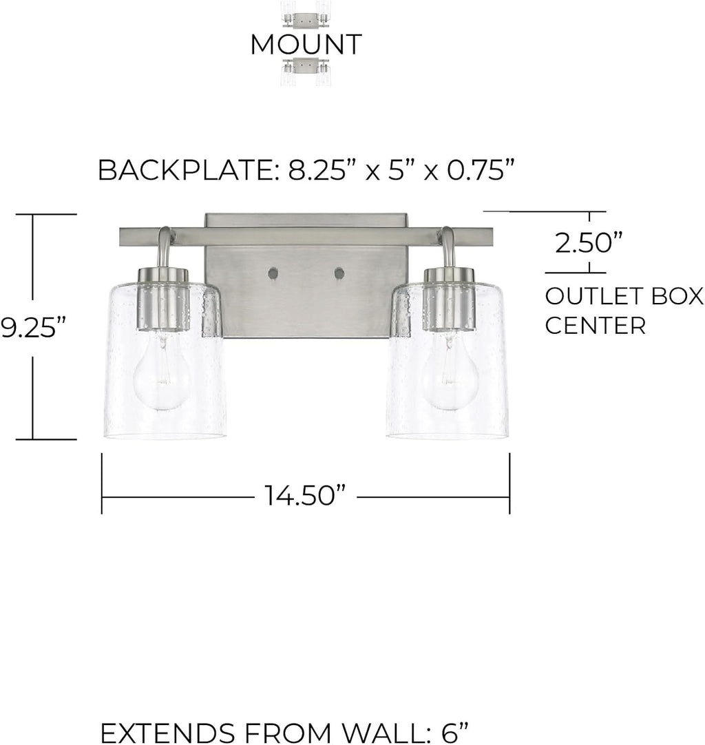 HomePlace Lighting 128521BN-449 Greyson Urban/Industrial Clear Seeded Glass Bathroom Vanity Wall Light, 2-Light 200 Total Watts, 9' H x 15' W, Brushed Nickel
