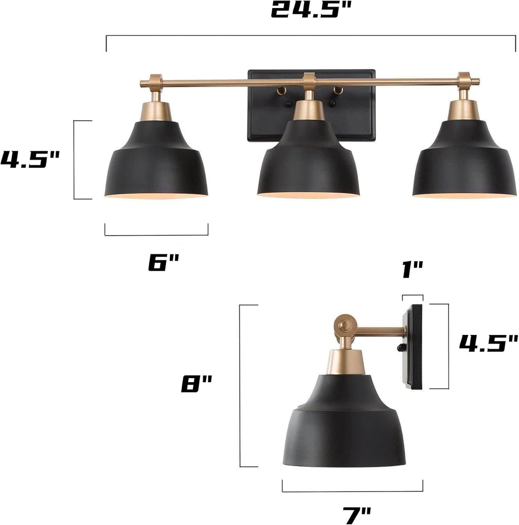 LALUZ Black Bathroom Vanity Light Fixtures, 3-Light Brass Modern Farmhouse Gold Vanity Wall Lamp Over Mirror with Metal Globe for Hallway, Bedroom, Kitchen, and Living Room