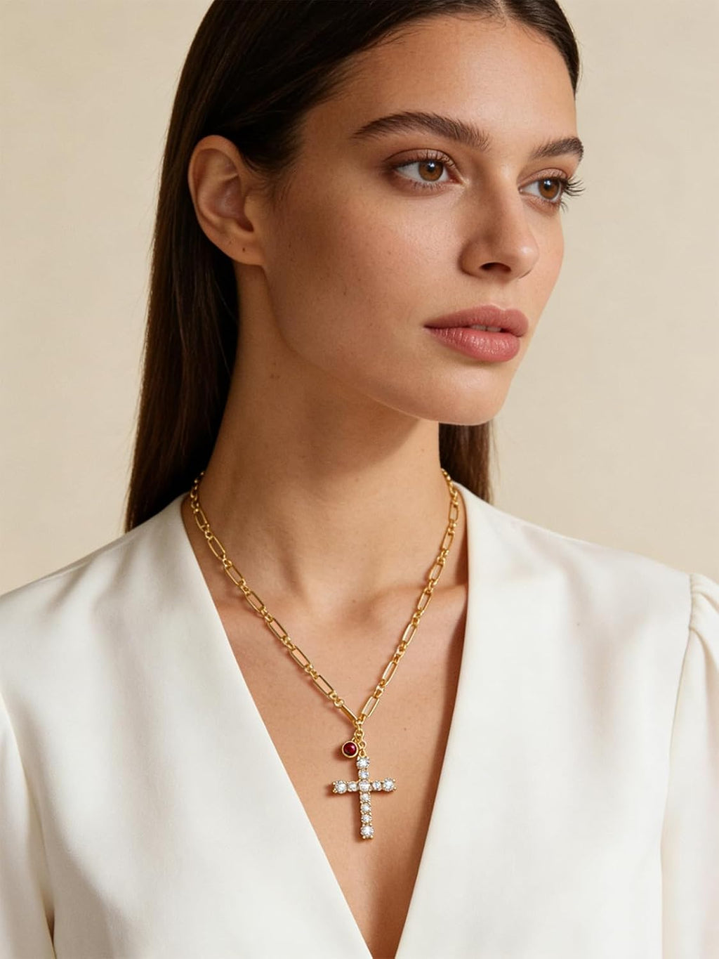 Cross Necklace for Women 14K Gold Birthstone Anniversary Birthday Gift for Wife Mom Protection Christian Jewelry Adjustable Chain