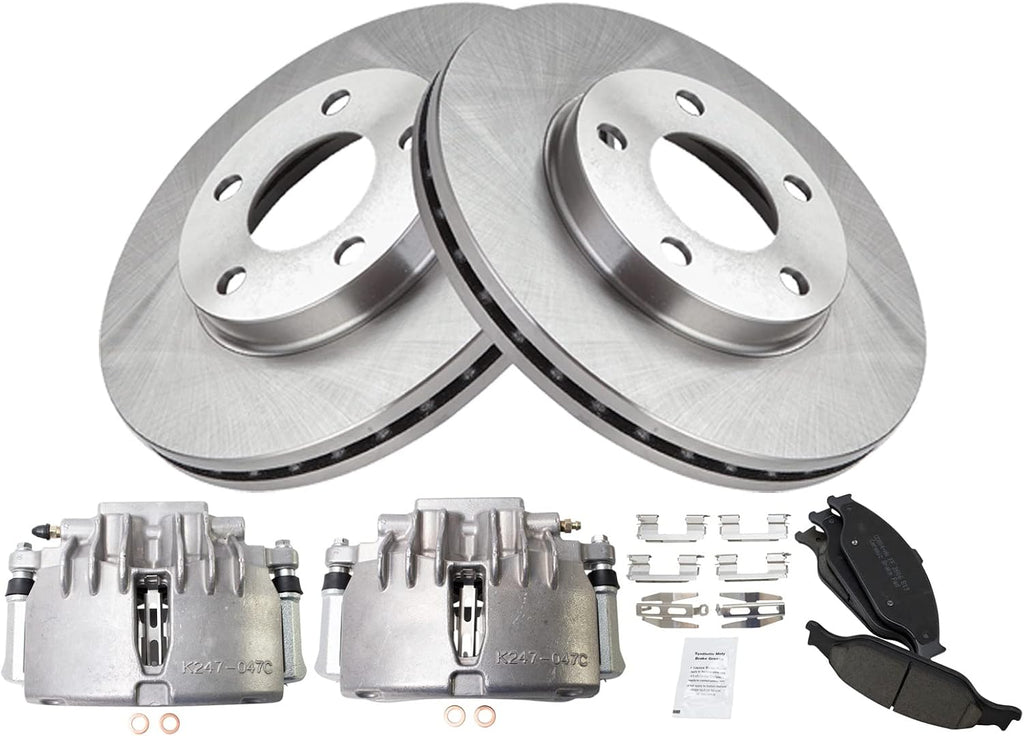 TRQ Front Brake Pad and Rotor Set Ceramic Vented Rotors Calipers Compatible with 2003-2004 Ford Mustang