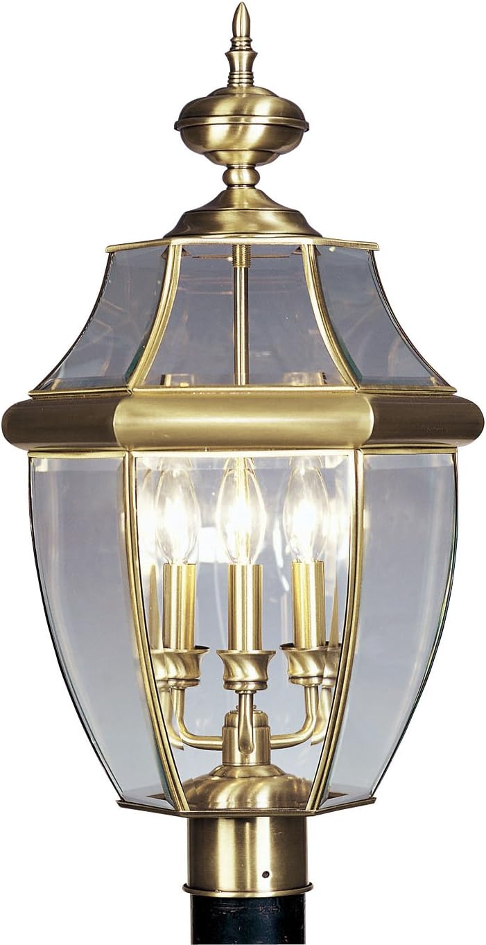 Livex Lighting 2354-01 Monterey 3 Light Outdoor Antique Brass Finish Solid Brass Post Head with Clear Beveled Glass