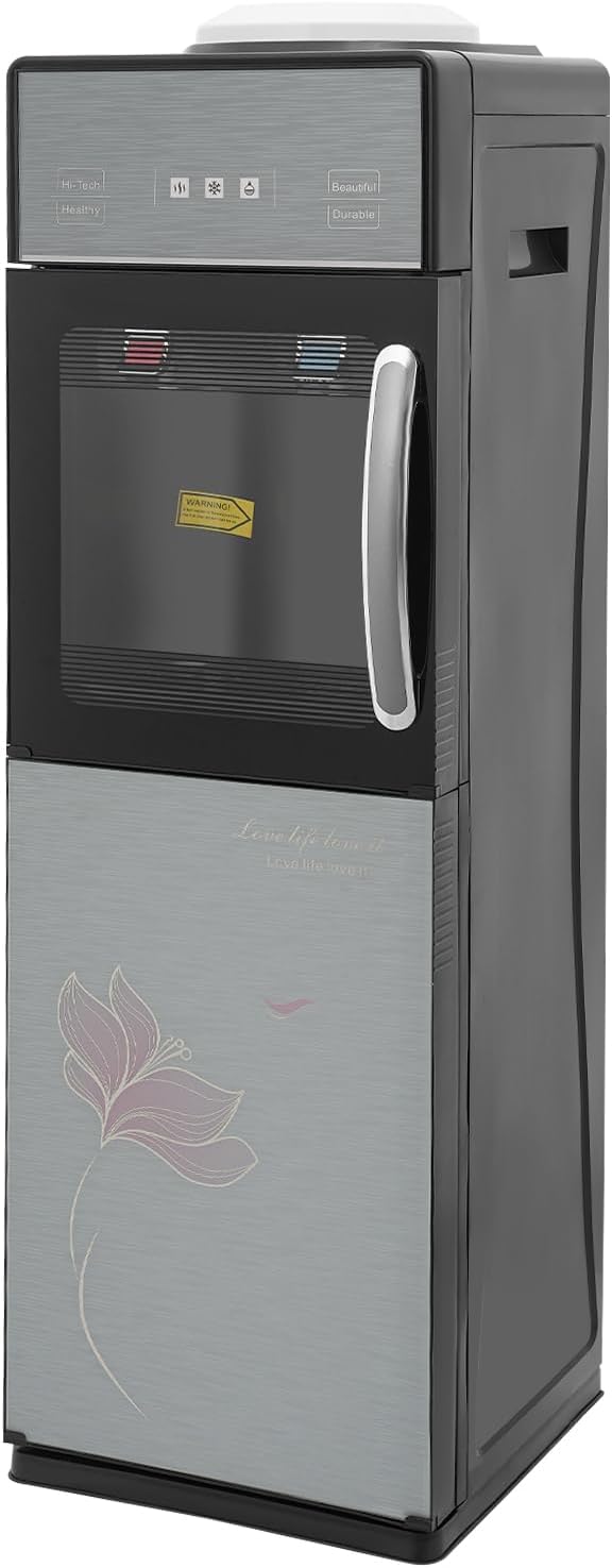 Bacocoo Freestanding Hot&Cold Water Dispenser for Home Office, Top Loading Water Dispenser with Hot,Cold Room Temp, Grey&Black Compact Space-Saving Design.