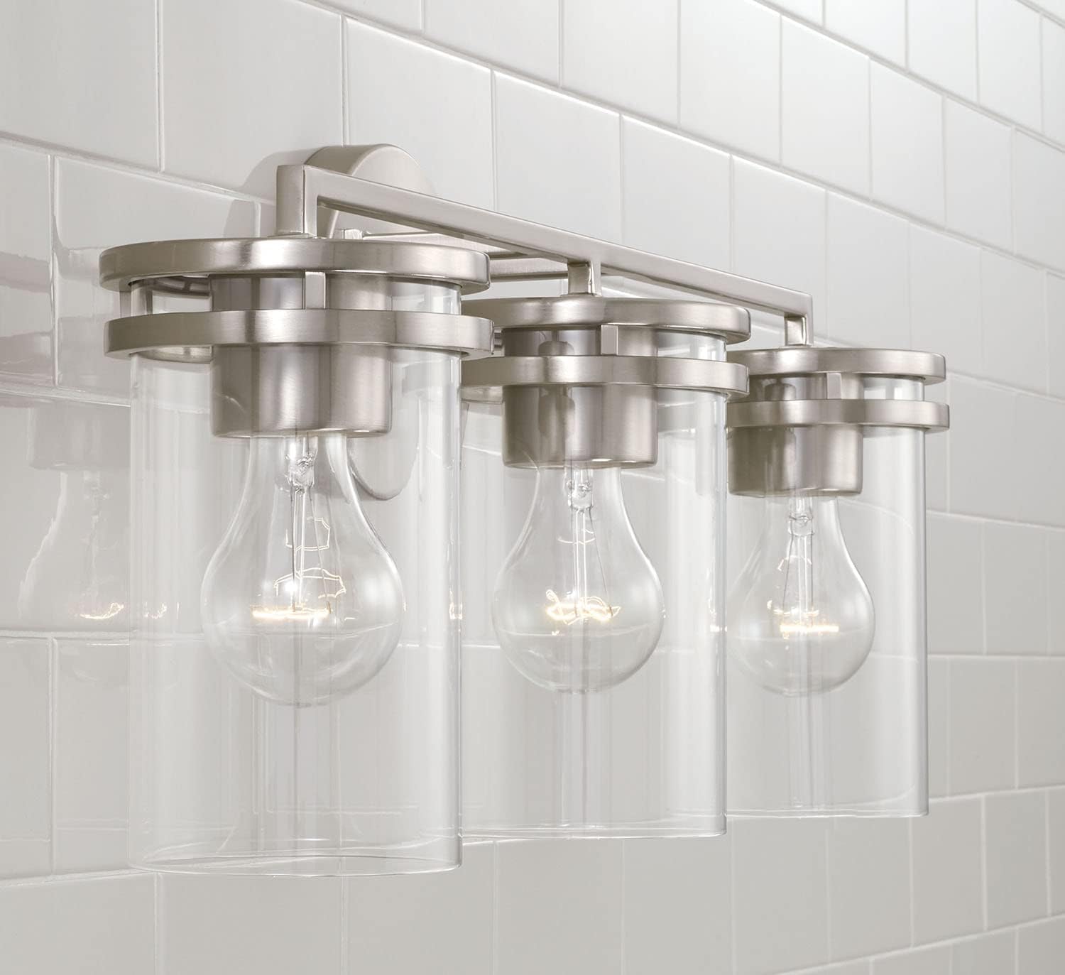 HomePlace by Capital Lighting 148731BN-539 Fuller Transitional Clear Glass Cylinder Vanity Light for Bathroom, 3-Light 300 Total Watts, 10' H x 24' W, Brushed/Satin Nickel
