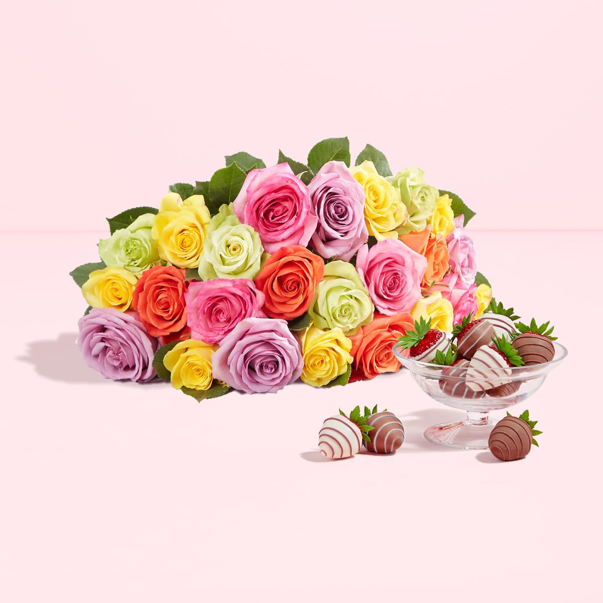 Shari's Berries 24 Assorted Roses with Vase & 6 Gourmet Chocolate Covered Strawberries Gift Set | Flower & Chocolate Gift Delivery for Birthdays, Anniversaries, Weddings, or Saying Thank You