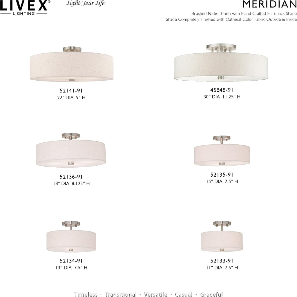 Livex Lighting 52136-91 Meridian Collection 4-Light Semi Flush Mount Ceiling Fixture with Oatmeal Color Fabric Hardback Drum Shade and Satin White Diffuser, Brushed Nickel