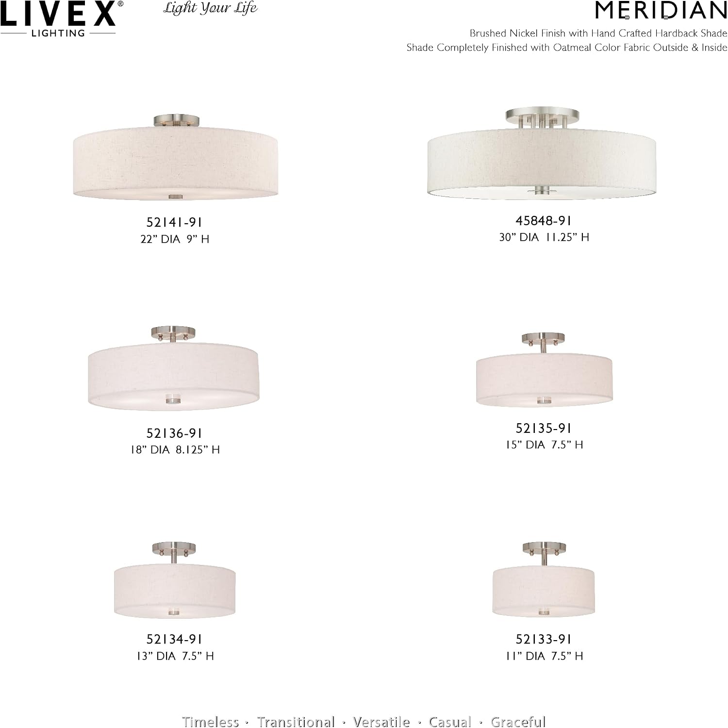 Livex Lighting 52136-91 Meridian Collection 4-Light Semi Flush Mount Ceiling Fixture with Oatmeal Color Fabric Hardback Drum Shade and Satin White Diffuser, Brushed Nickel