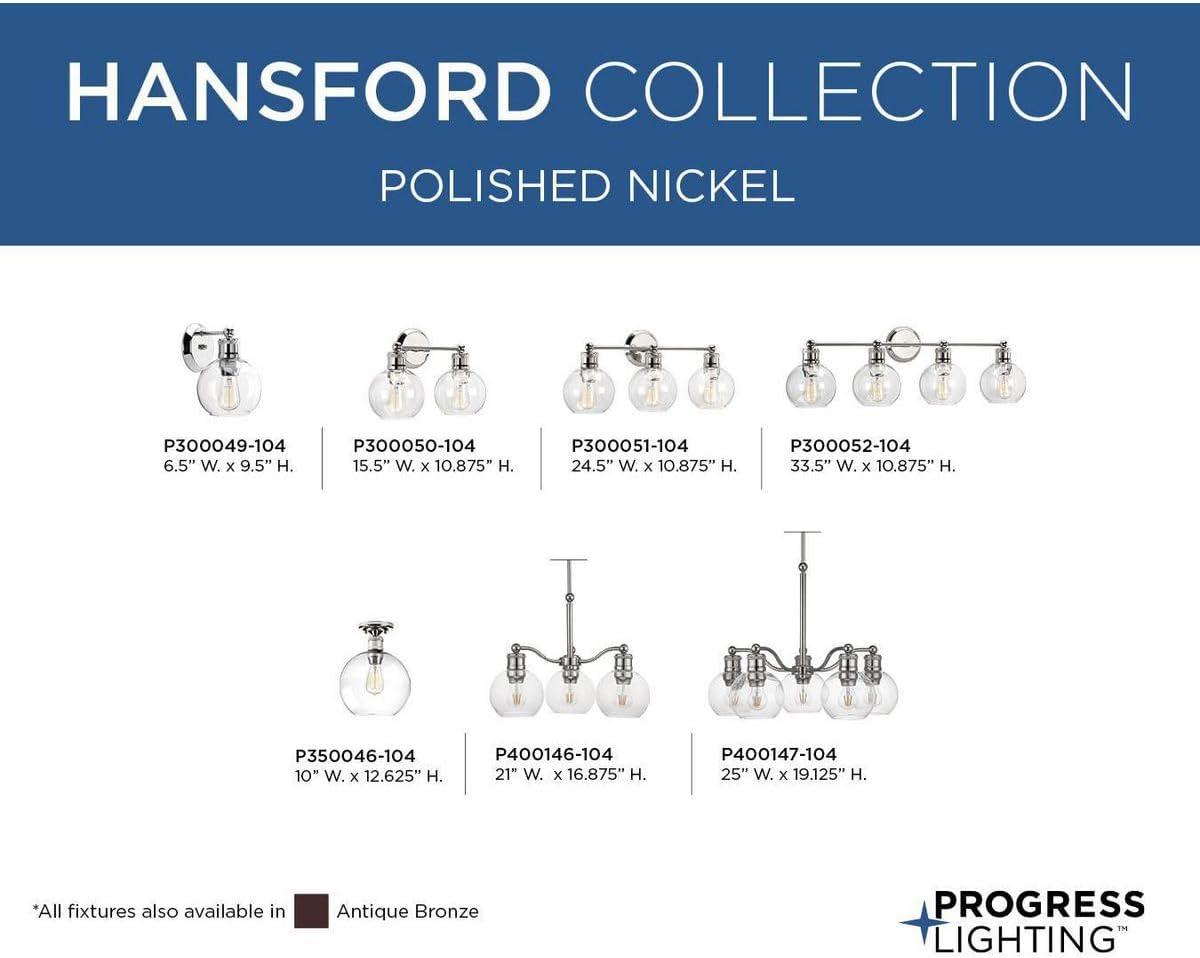 Progress Lighting Hansford Collection 1-Light Clear Glass Coastal Bath Vanity Light Polished Nickel