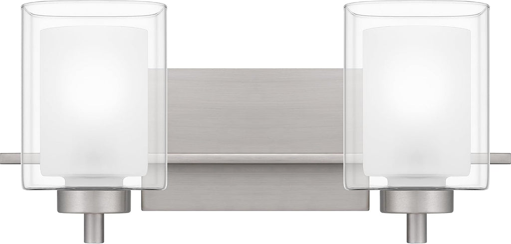 Quoizel Kolt Modern Vanity Lights, 2-Light, 18 Inch Brushed Nickel Bathroom Lighting Fixtures Over Mirror, Sandblasted Inner Glass, 100 W A19 Bulb, Wall Mount Light for Bathrooms, Kitchen or Hallway
