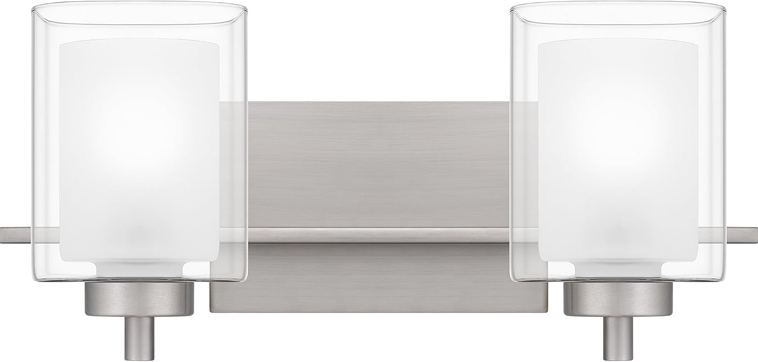Quoizel Kolt Modern Vanity Lights, 2-Light, 18 Inch Brushed Nickel Bathroom Lighting Fixtures Over Mirror, Sandblasted Inner Glass, 100 W A19 Bulb, Wall Mount Light for Bathrooms, Kitchen or Hallway