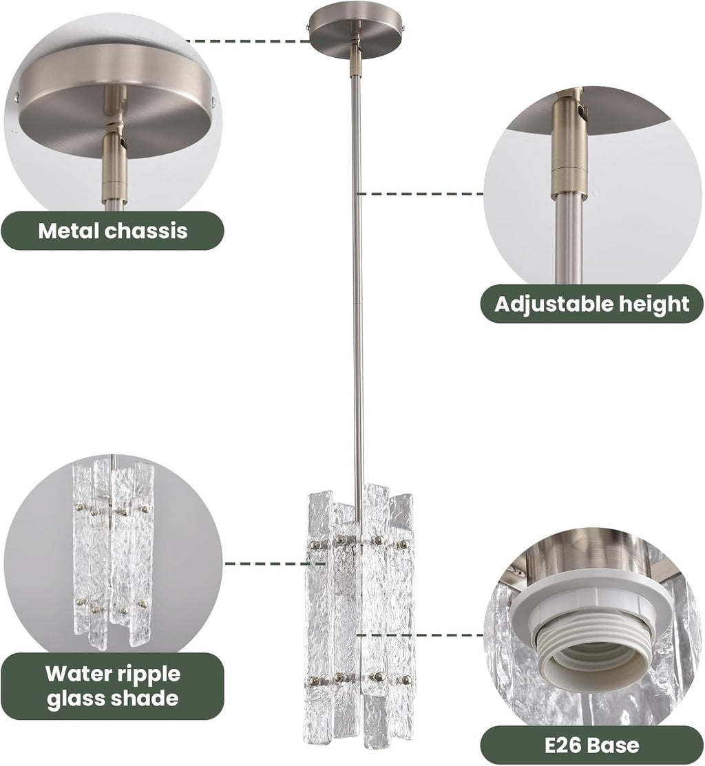 Modern Crystal Pendant Light for Kitchen Island, Brushed Nickel Luxury Mini Water Ripple Glass Chandelier Lights Fixture, Square Adjustable Hanging Pendant Lighting for Dining Room Bedroom (3-Pack)