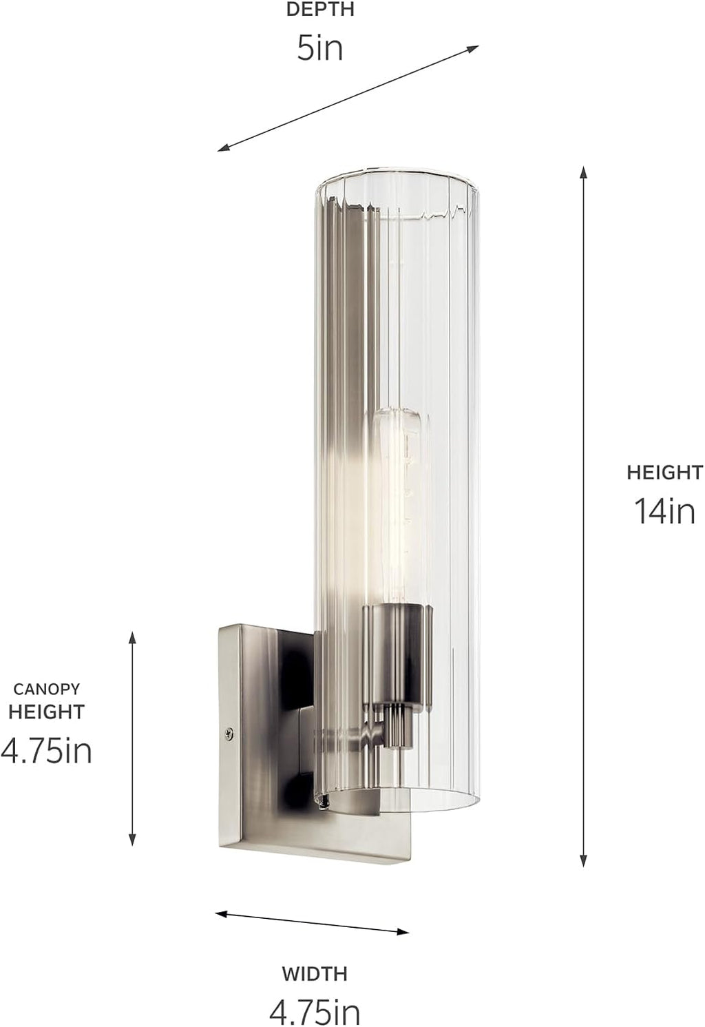 Kichler Jemsa 1 Light Wall Sconce, Modern Light with Clear Fluted Glass in Brushed Nickel for Bathroom, Powder Room, Sides of Fireplace, Down a Hallway, Kitchen, or Bedroom (14' x 4.75'), 55165NI