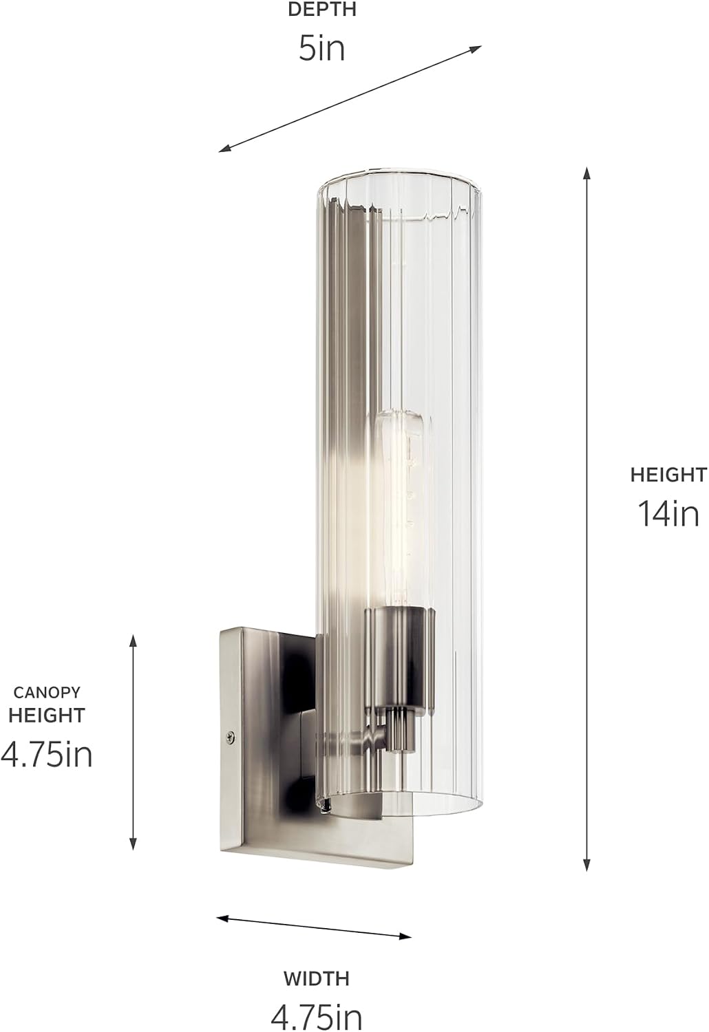 Kichler Jemsa 1 Light Wall Sconce, Modern Light with Clear Fluted Glass in Brushed Nickel for Bathroom, Powder Room, Sides of Fireplace, Down a Hallway, Kitchen, or Bedroom (14' x 4.75'), 55165NI