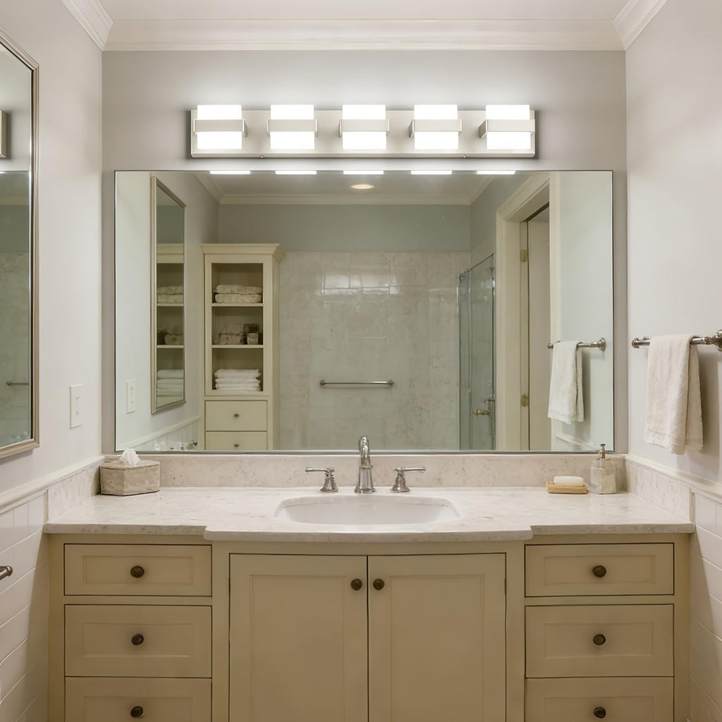 SOLFART 5-Light Bathroom Vanity Lights Over Mirror,Brushed-Nickel LED Modern Vanity Lights for Bathroom, Dimmable