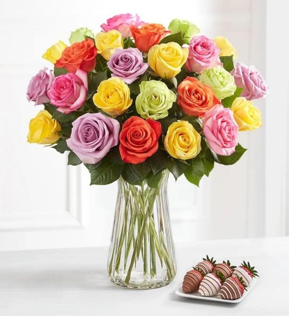 Shari's Berries 24 Assorted Roses with Vase & 6 Gourmet Chocolate Covered Strawberries Gift Set | Flower & Chocolate Gift Delivery for Birthdays, Anniversaries, Weddings, or Saying Thank You