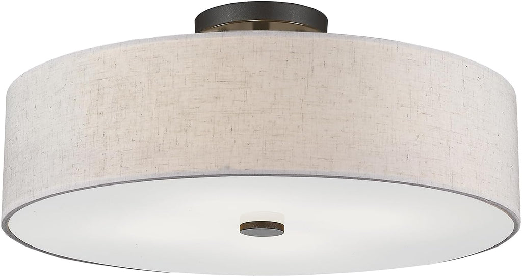 Livex Lighting 52136-92 Meridian Collection 4-Light Transitional Ceiling Mount Fixture with Oatmeal Color Fabric Hardback Shade, English Bronze