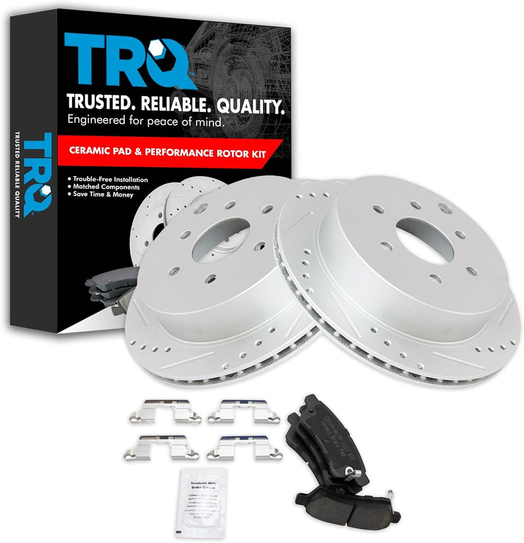 TRQ Performance Rear Brake Pad and Rotor Set Ceramic Drilled Slotted G Coated Rotors Compatible with 2005-2019 Nissan Frontier 2005-2015 Xterra 2009-2012 Suzuki Equator