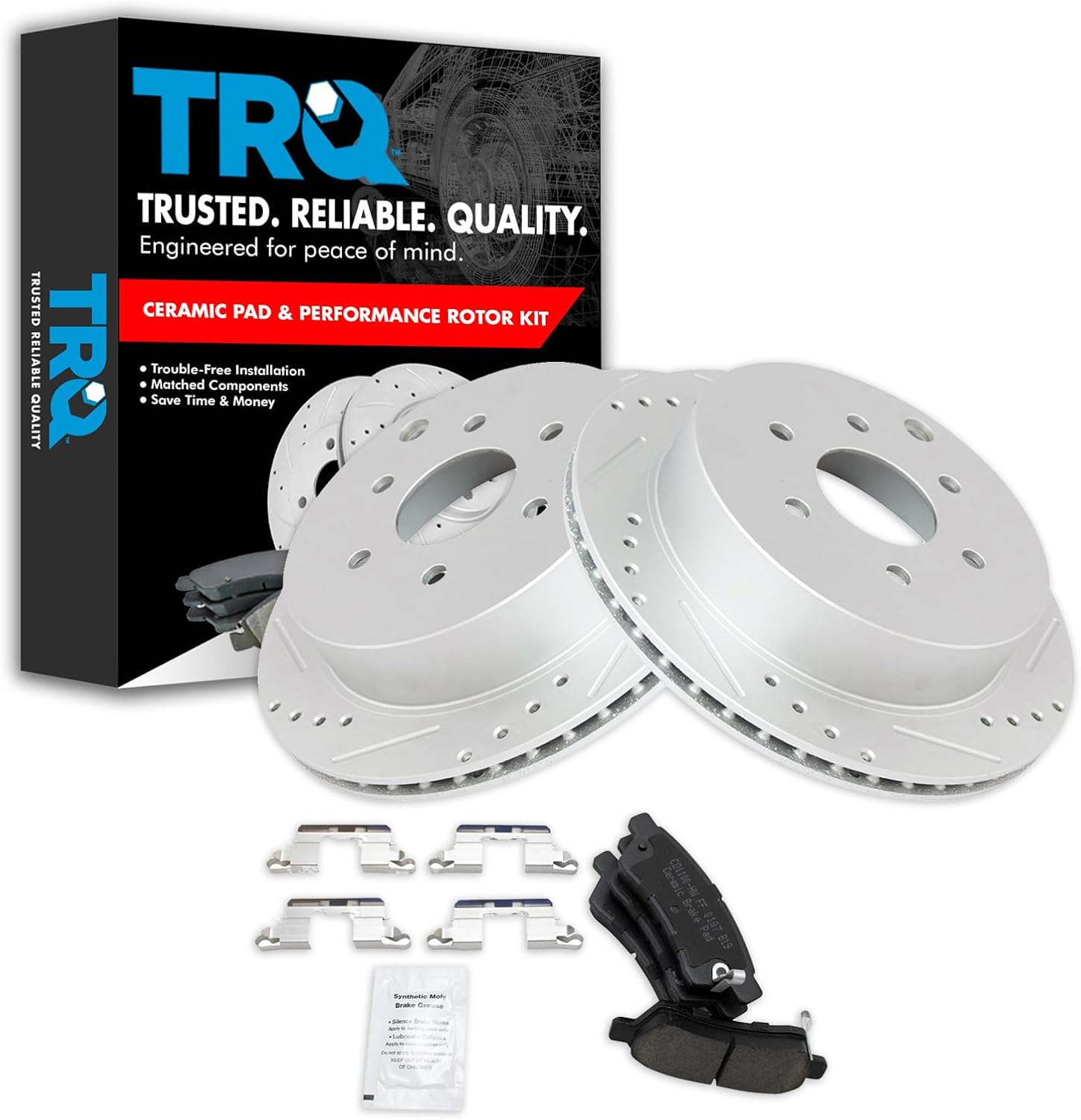 TRQ Performance Rear Brake Pad and Rotor Set Ceramic Drilled Slotted G Coated Rotors Compatible with 2005-2019 Nissan Frontier 2005-2015 Xterra 2009-2012 Suzuki Equator