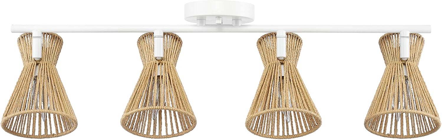 Globe Electric 64000050 28' 4-Light Track Lighting, Matte White, Natural Twine Shades, Ceiling Light, Pivot Shade, Kitchen Lights, 4 Bulb Track-Light