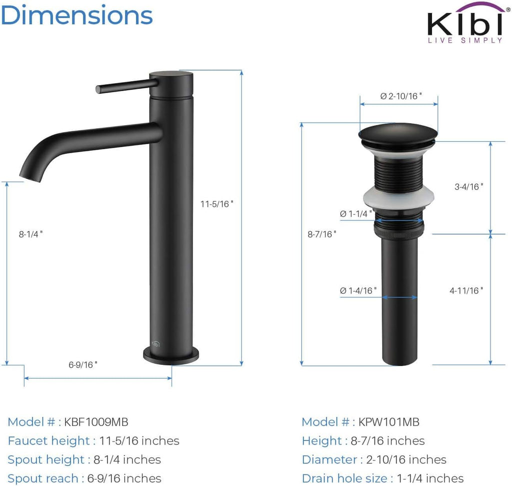 KIBI Bathroom Vessel Sink Faucet, Solid Brass Single Handle Single Hole Bathroom Faucet, High Arc Modern Vanity Faucet with Pop Up Drain, Matte Black, Rust & Corrosion Resistant
