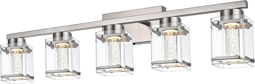 Modern Vanity Light 5-Light Brushed Nickel Finish LED Indoor Lighting Fixture with with Clear Glass Shade and Crystal Bulb Wall Sconces Lights for Bathroom