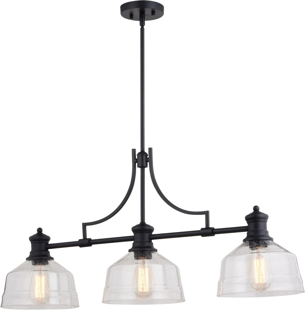 VAXCEL Beloit 3-Light, LED Compatible, Black Farmhouse Linear Chandelier, Island Pendant Light Fixture, Clear Seeded Glass, Matte Black Finish, Adjustable Height