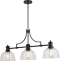 VAXCEL Beloit 3-Light, LED Compatible, Black Farmhouse Linear Chandelier, Island Pendant Light Fixture, Clear Seeded Glass, Matte Black Finish, Adjustable Height