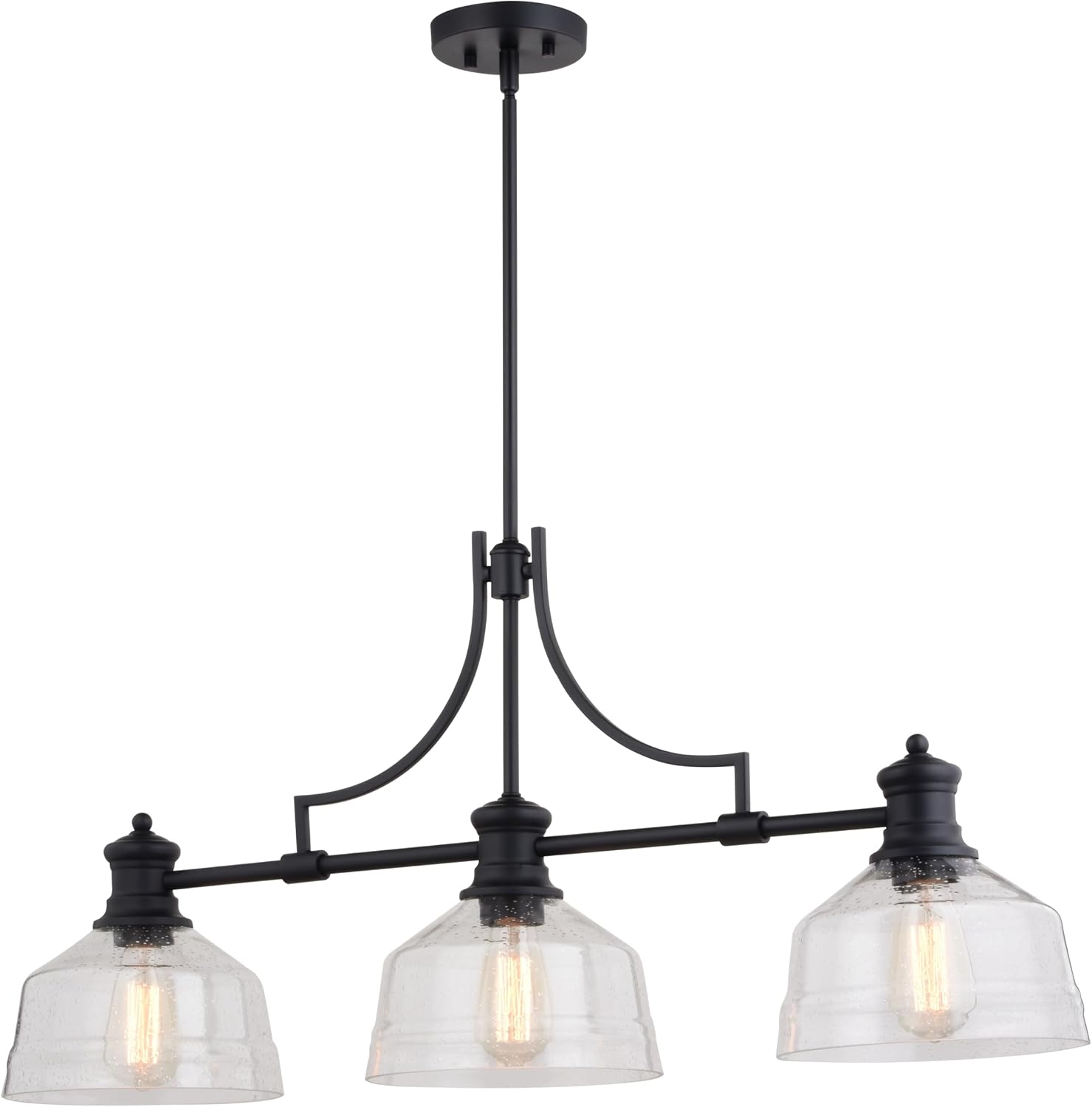 VAXCEL Beloit 3-Light, LED Compatible, Black Farmhouse Linear Chandelier, Island Pendant Light Fixture, Clear Seeded Glass, Matte Black Finish, Adjustable Height