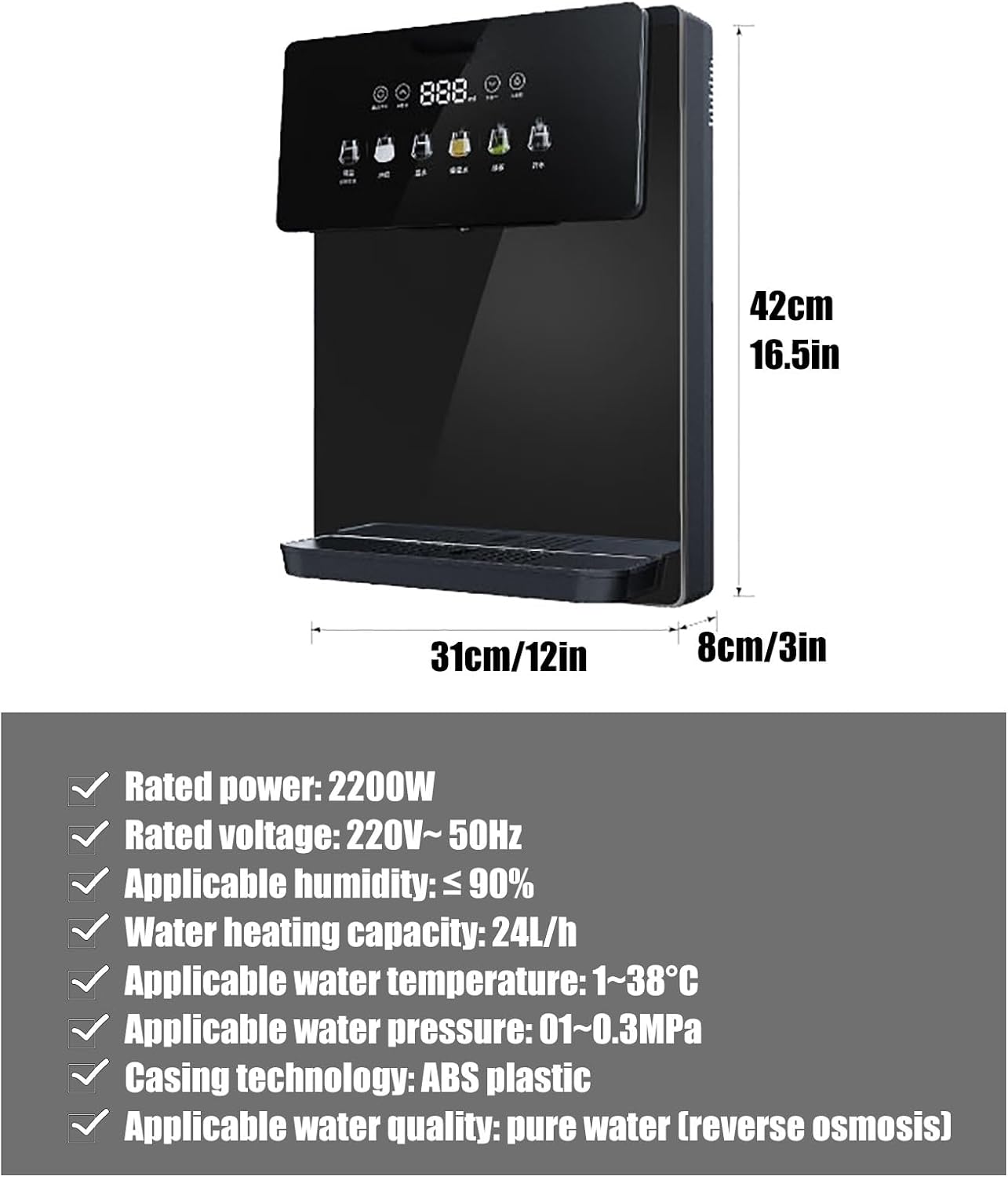 Wall Mounted Instant Heat Water Cooler Dispenser, Electric Countertop Hot Water Machine, LED Touchscreen with Child Lock, for Boba Tea Coffee Office Restaurant(Black)