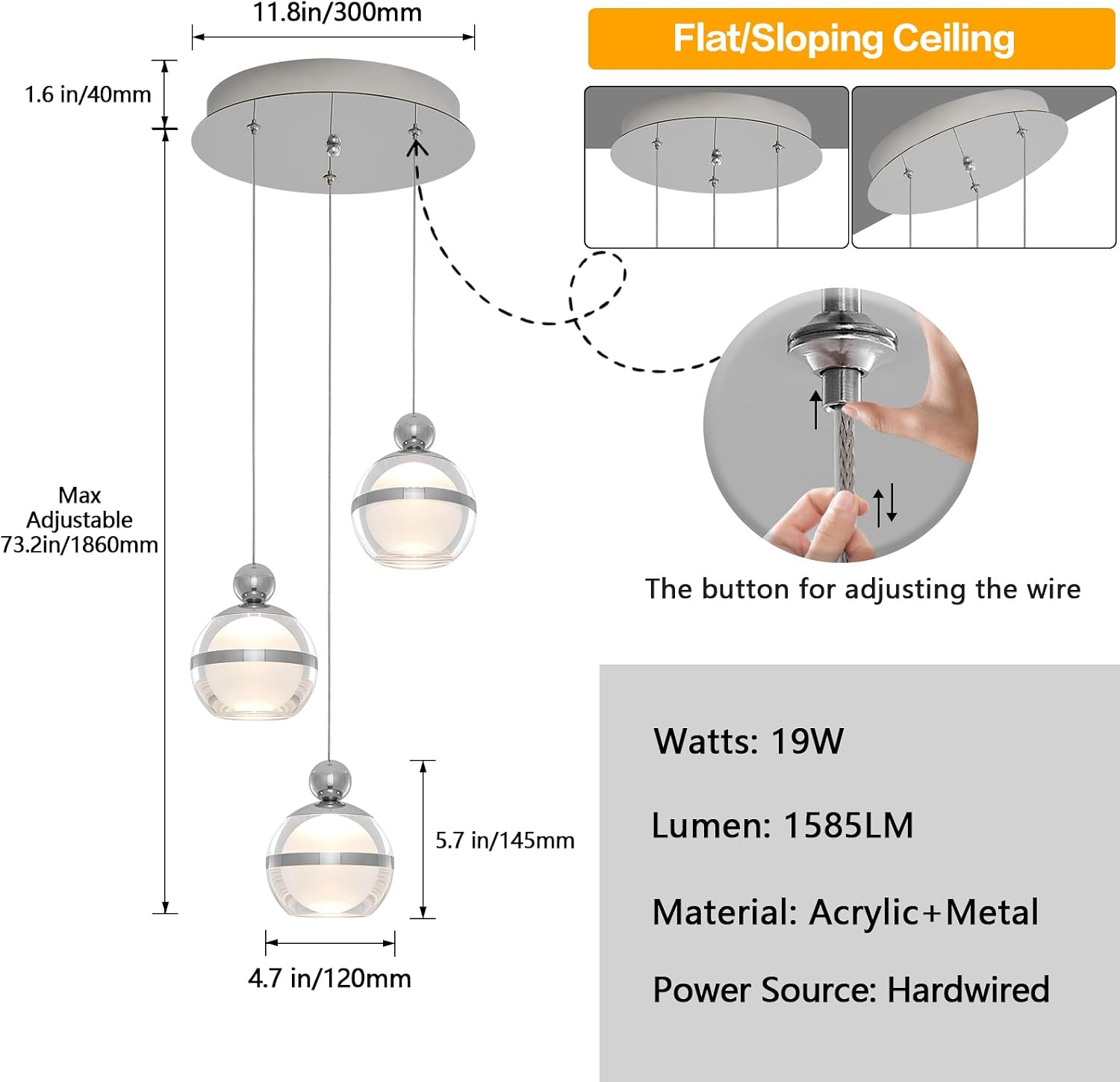 Cluster Acrylic Pendant Lighting, 3 Light Chrome Globe LED Hanging Pendant Light Fixtures with Dimmable, Modern Pendant Lights Kitchen Island for Dining Room Living Room Bedroom Stairs